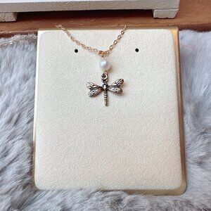Mini Antique Gold Dragonfly Freshwater Pearl Charm Necklace